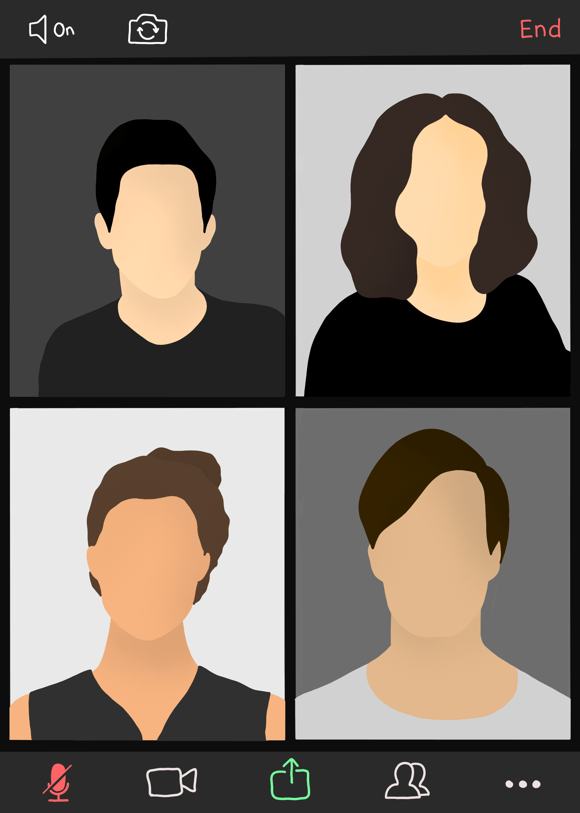 Illustrated heads from four different people in a video conference window.