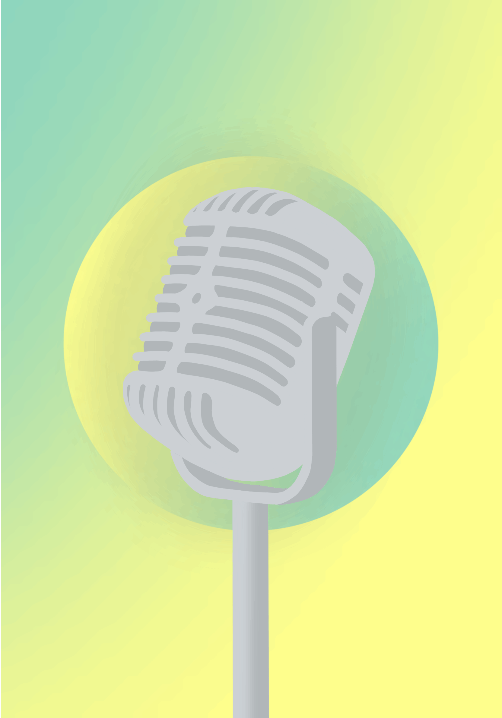 Grey microphone on green and yellow background pops out different icons.