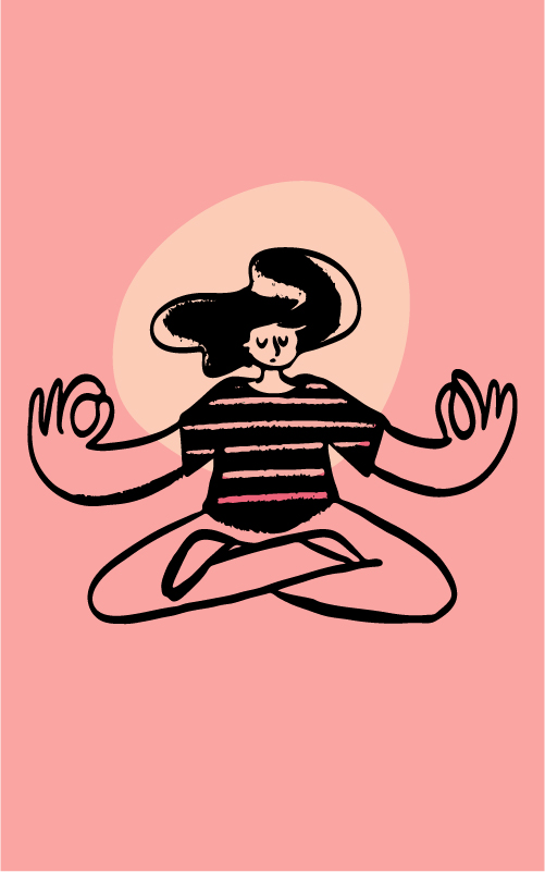 Meditierende Frau auf rosa Hintergrund, Illustration.