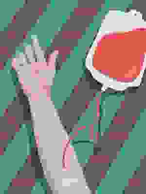 Illustration eines Unterarms, der über einen Schlauch an einen Bluspende-Beutel angeschlossen ist