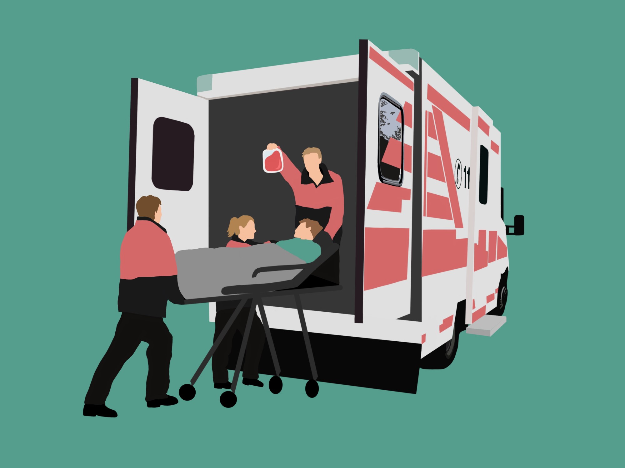 Illustration eines Mannes, der auf einer Trage von Sanitätern in einen Rettungswagen gehoben wird und dabei ein Blutinfusion bekommt