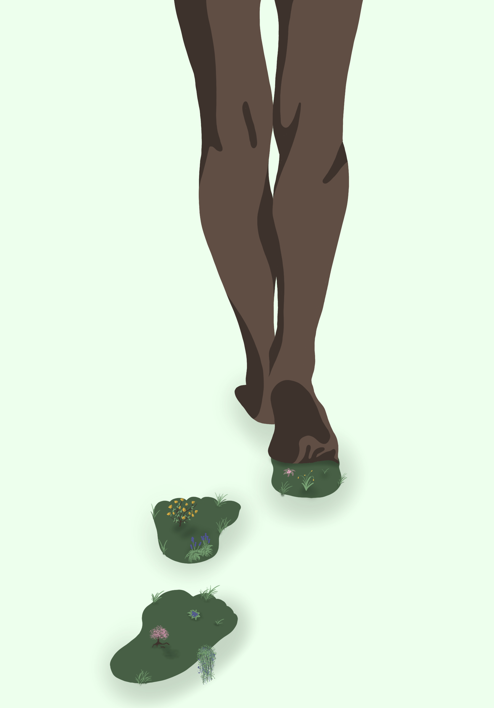 Illustration einer gehenden Person, die grün bewachsene Fußabdrücke hinterlässt