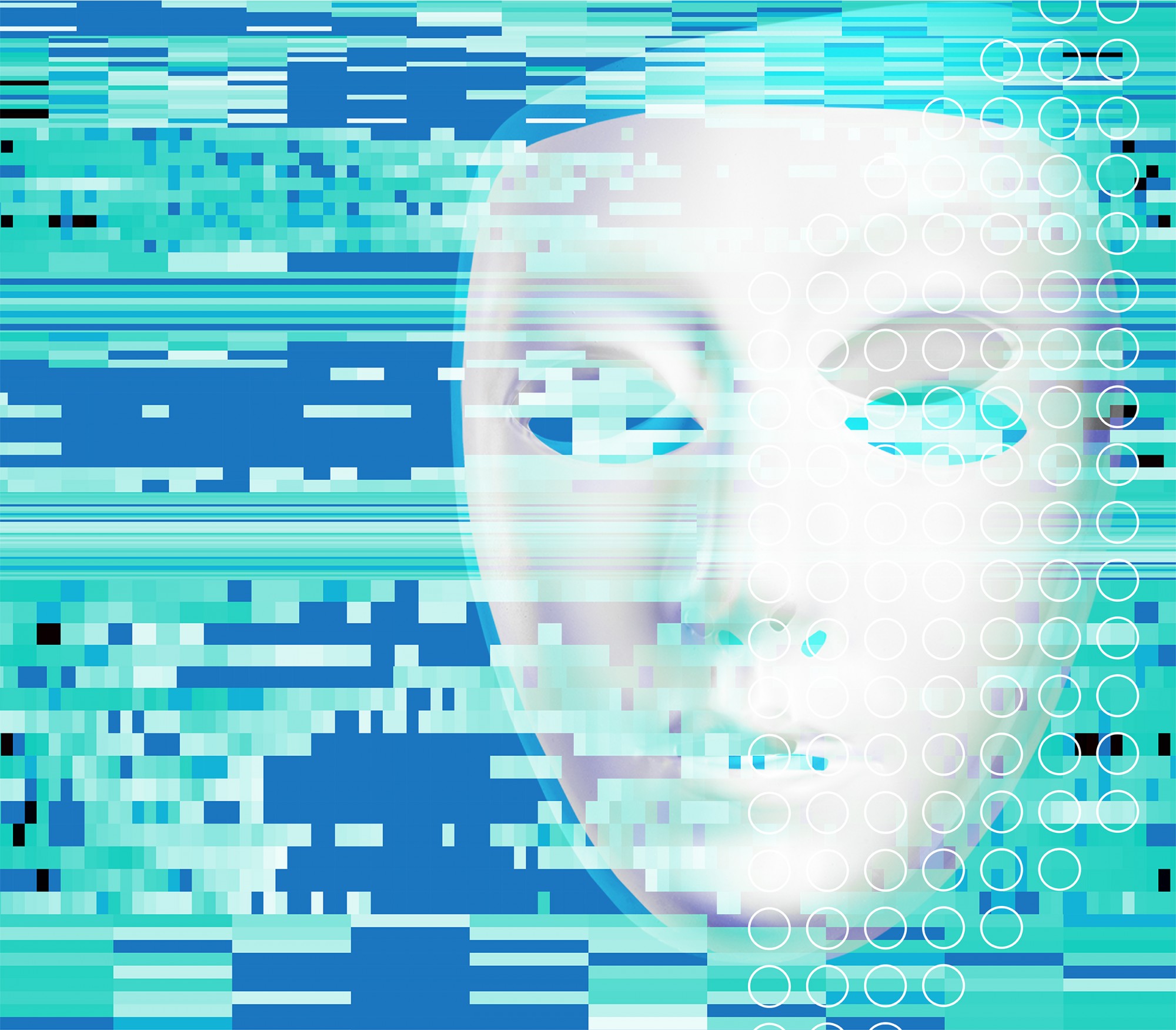 türkise, nebelartige Pixel über schlichter, weißer Gesichtsmaske vor blauem Hintergrund