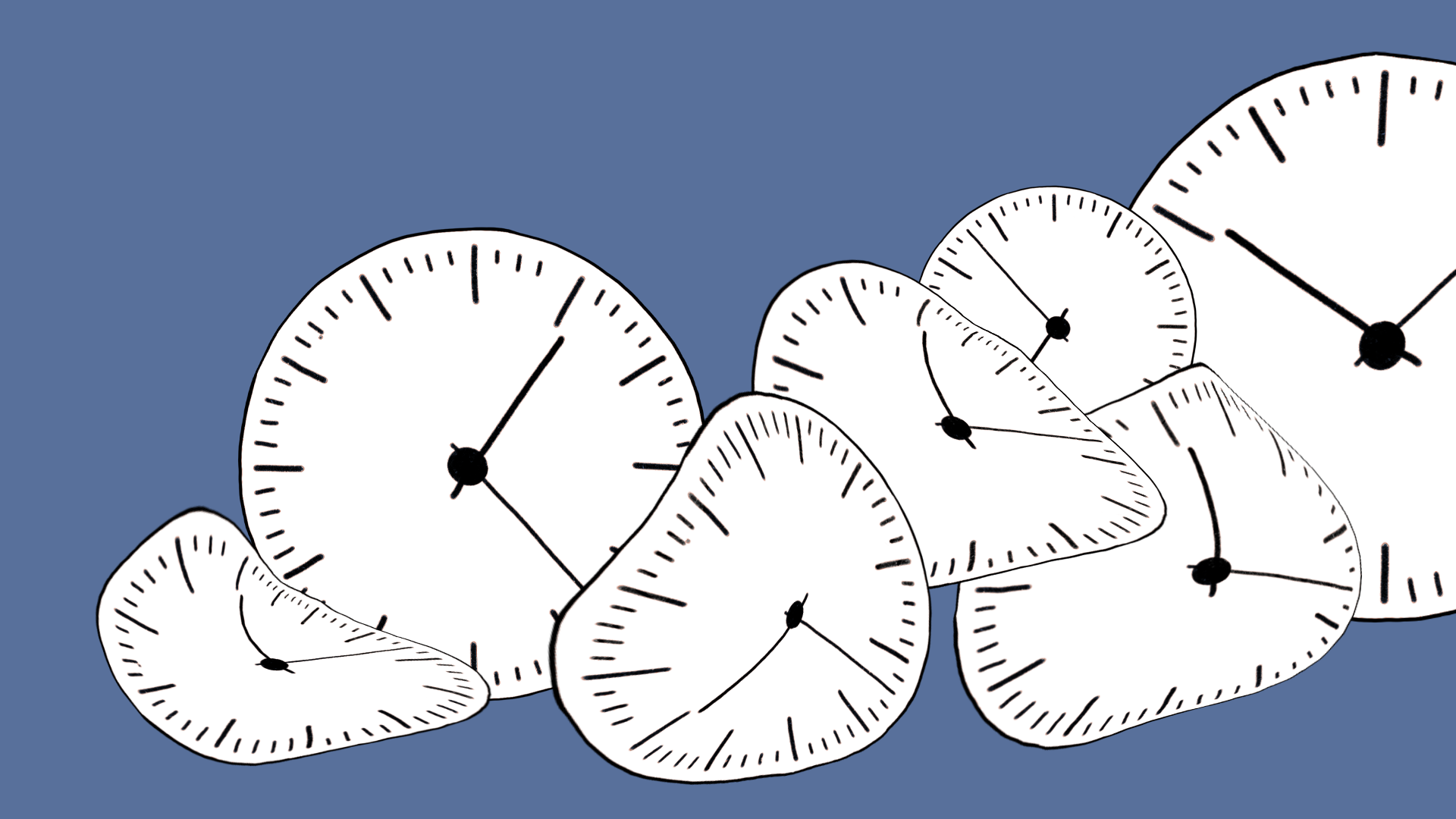 Schwarz weiße Uhrziffernblätter, leicht fließend vervormt, auf lila blauem Hintergrund