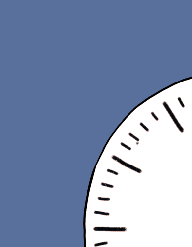 schwarz weißer Ziffernblattausschnitt einer Uhr, ein viertel am rechten Rand angeschnitten, auf blau lila Untergrund