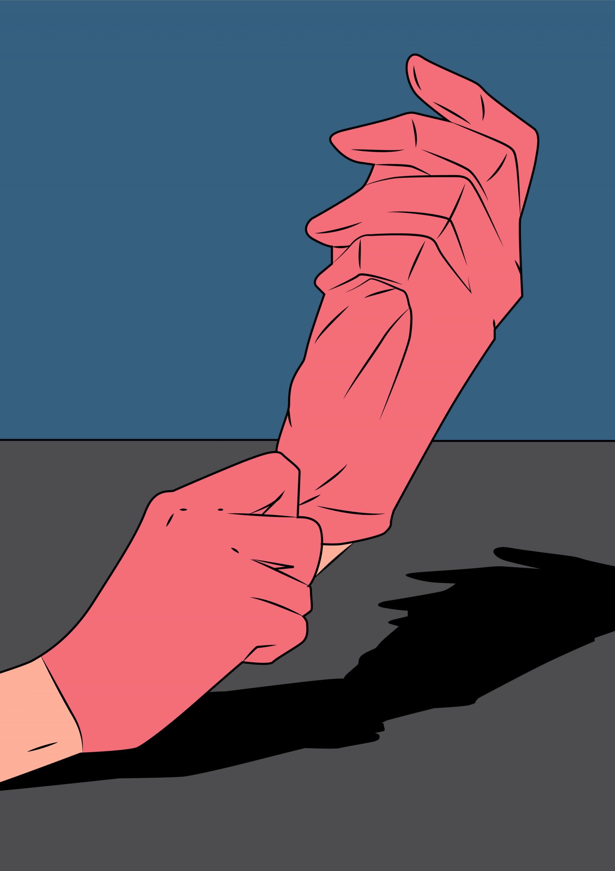 Zwei Hande in rosafarbenen Handschuhen