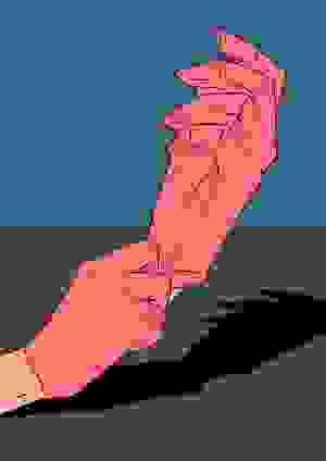 Zwei Hande in rosafarbenen Handschuhen