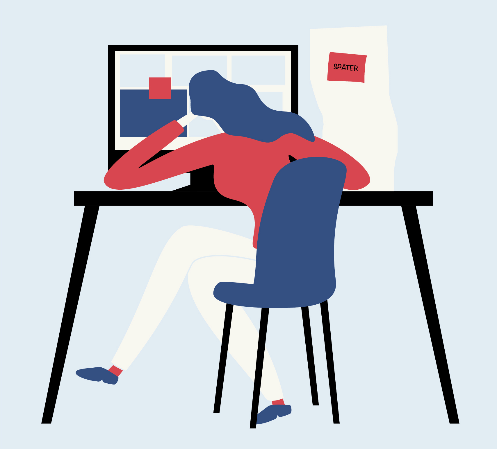 Illustration einer Frau, die vor einem Computer sitzt und unmotiviert ihren Kopf auf ihrer Hand abstützt