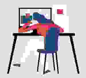 Illustration einer Frau, die vor einem Computer sitzt und unmotiviert ihren Kopf auf ihrer Hand abstützt
