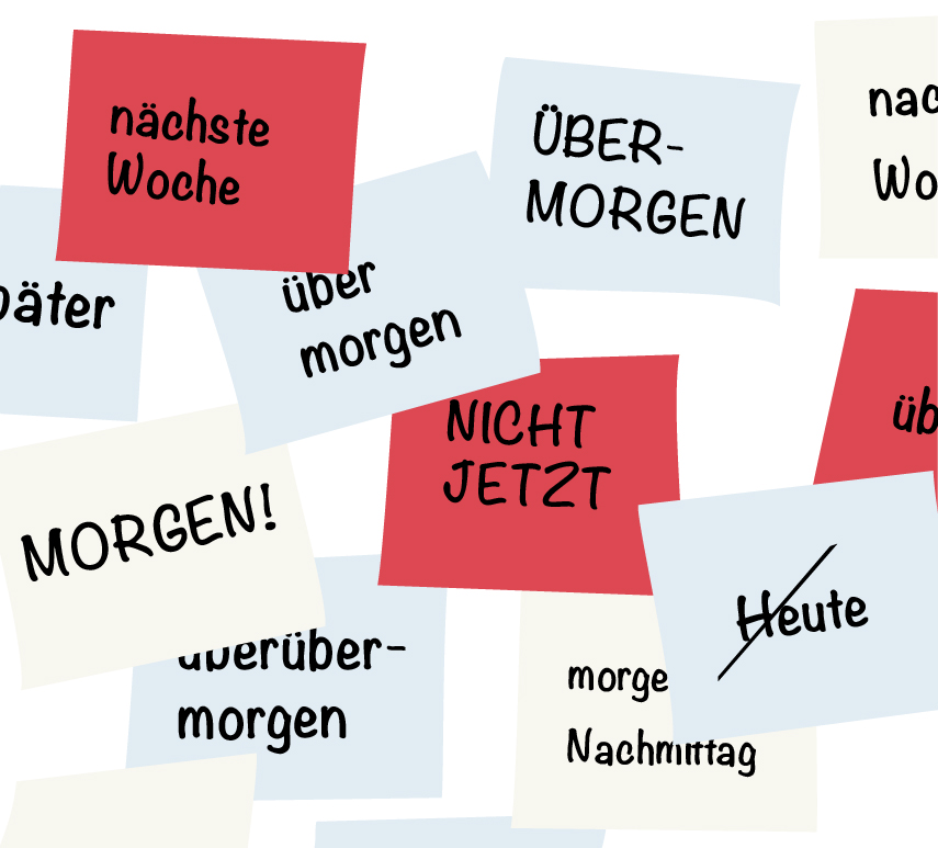 Illustration von verschieden farbigen Sticky-Notes auf denen Begriffe stehen, die den Prokrastinationsprozess bschreiben