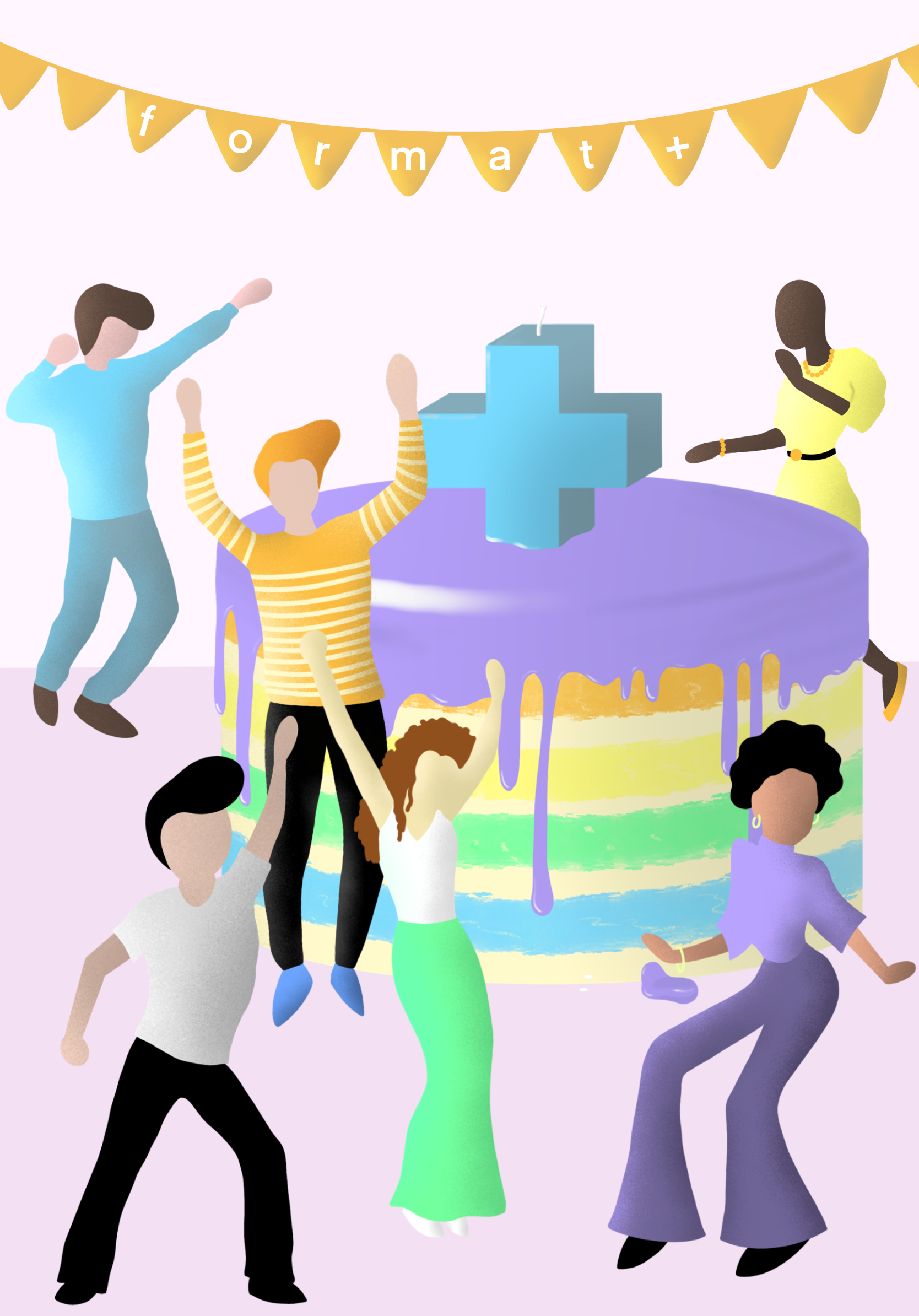 Illustrierte Menschen tanzen um großen Kuchen herum.