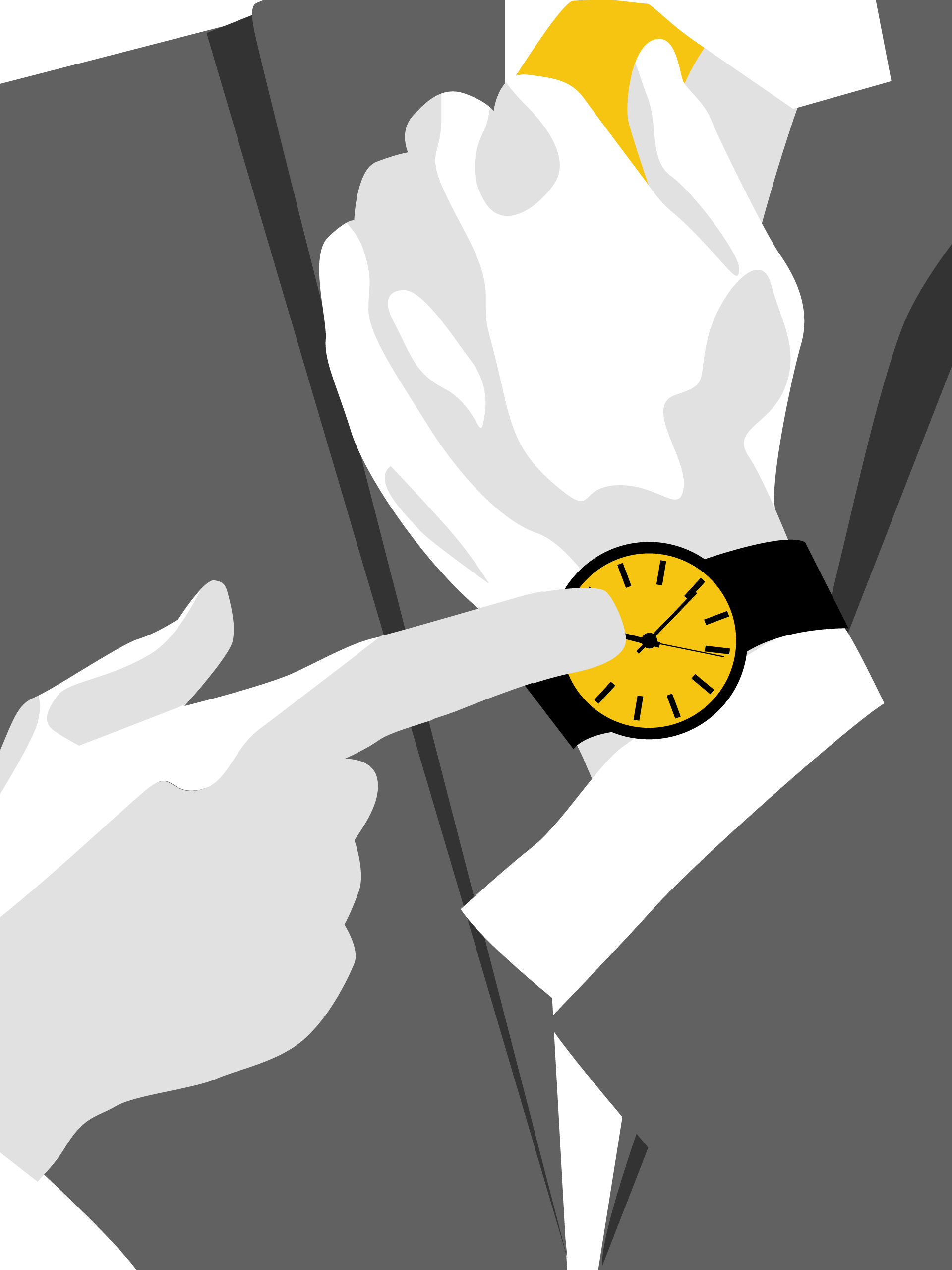 Ein Mann in einem Anzug zeigt auf seine Armbanduhr.