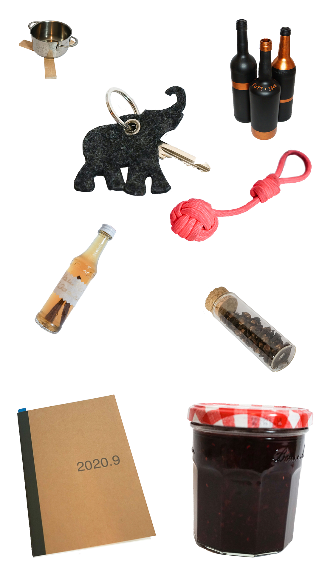Verschiedene selbstgemachte Gegenstände auf weißem Hintergrund. Beispielsweise Schlüsselanhänger und Marmeladen.