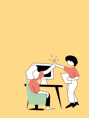 Zwei Personen klatschen sich in die Hände. Eine sitzt in einem Stuhl vor einem Schreibtisch und die andere steht daneben.