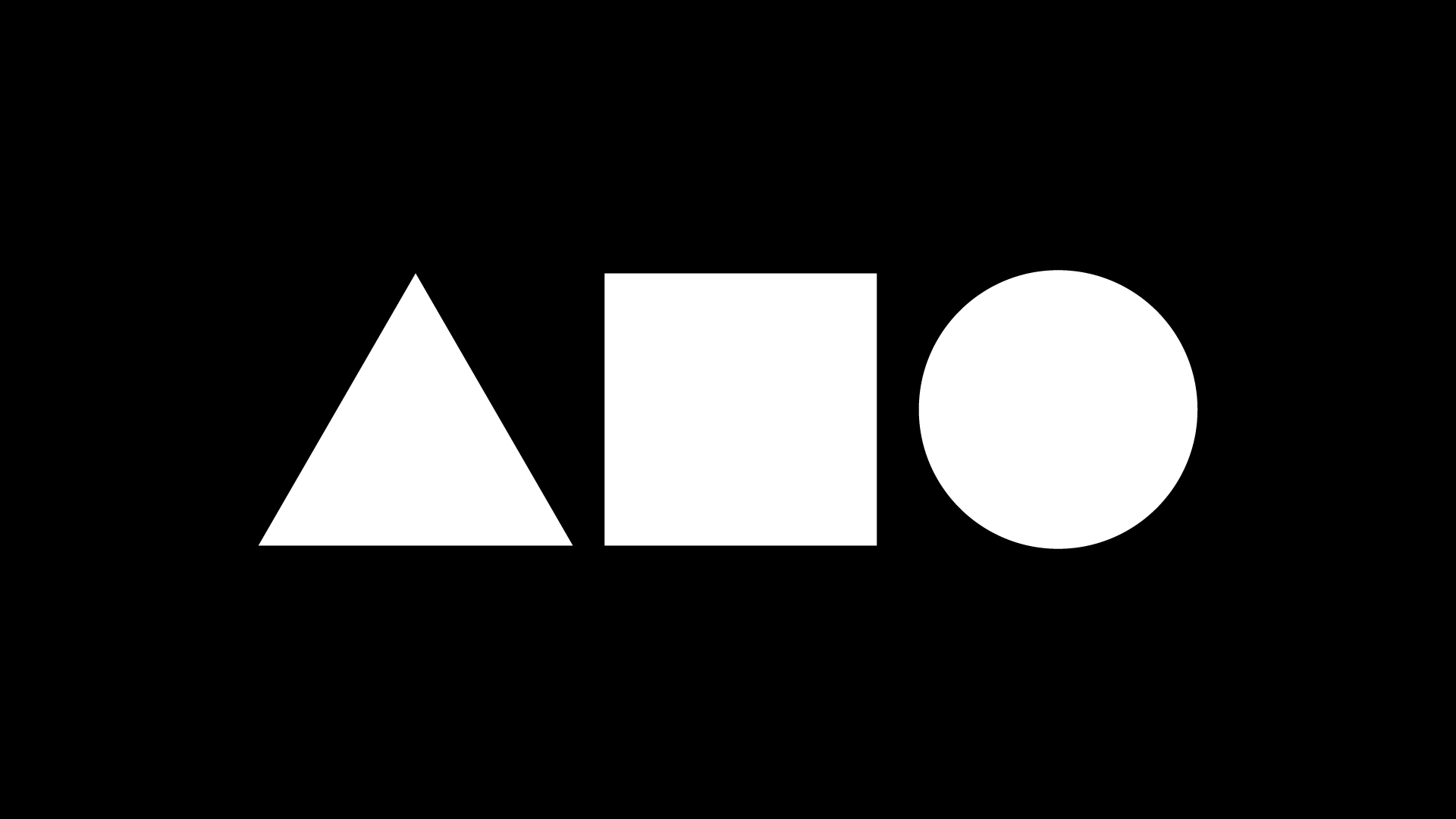 Ein simples weisses Logo auf schwarzem Hintergrund, dass aus einem Dreieck, einem Viereck und einem Kreis besteht.