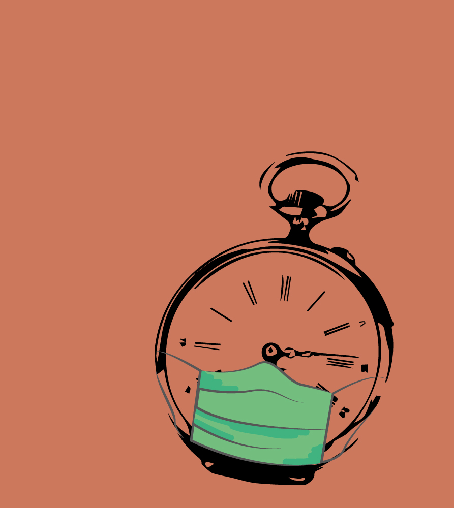 Illustration einer Taschenuhr mit grüner Atemmaske auf orangenem Hintergrund